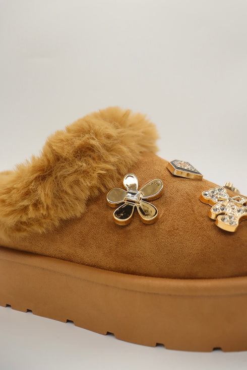 Women's Faux Fur Platform Clogs with Charm