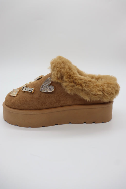 Women's Faux Fur Platform Clogs with Charm
