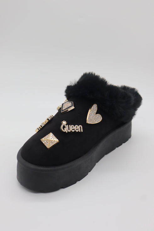 Women's Faux Fur Platform Clogs with Charm