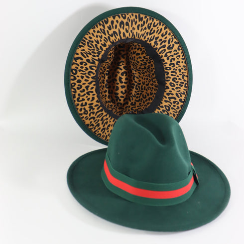 Forest Green Fedora Hat w/ Removable Band & Leopard Print Bottom