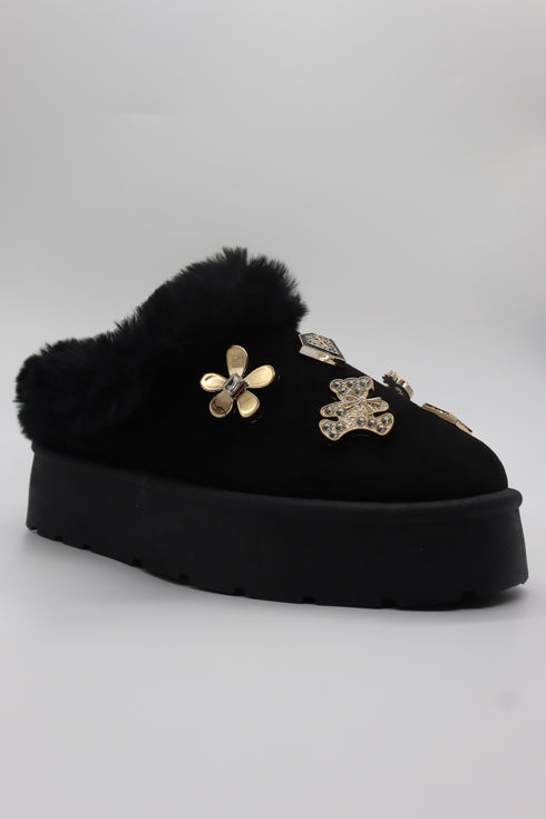Women's Faux Fur Platform Clogs with Charm