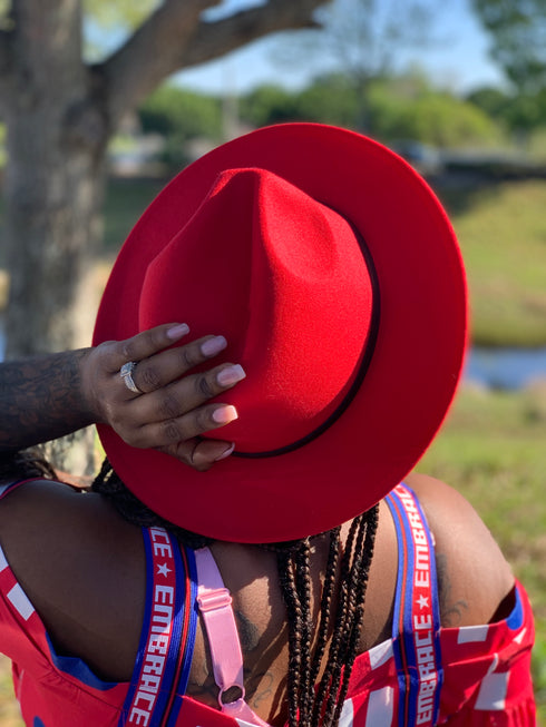 Red Fedora Hat with Blue Bottom