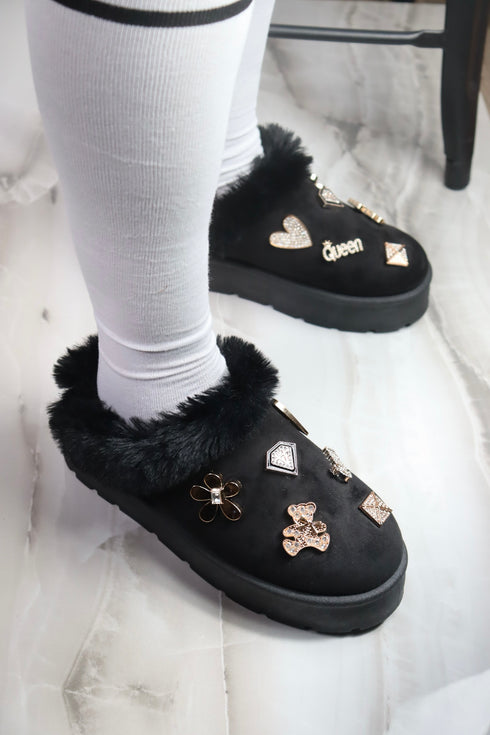Women's Faux Fur Platform Clogs with Charm
