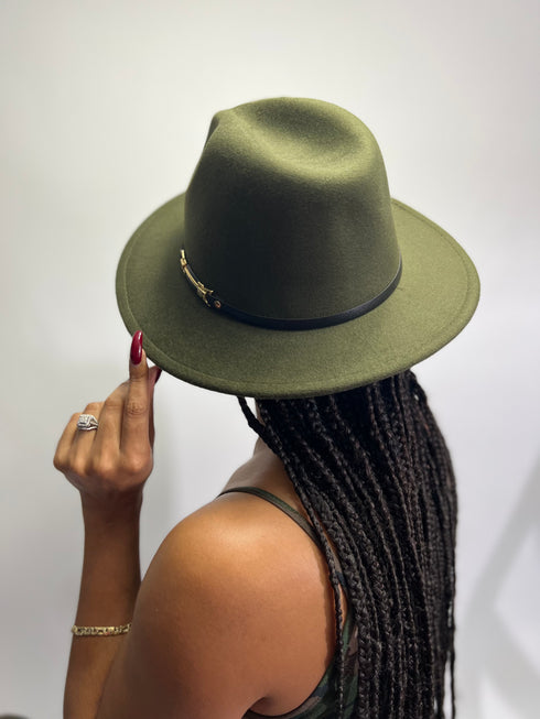 Olive Green & Red Fedora Hat w/ red bottom