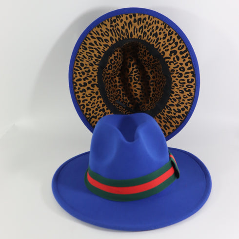Royal Blue Fedora Hat w/ Removable Band & Leopard Print Bottom