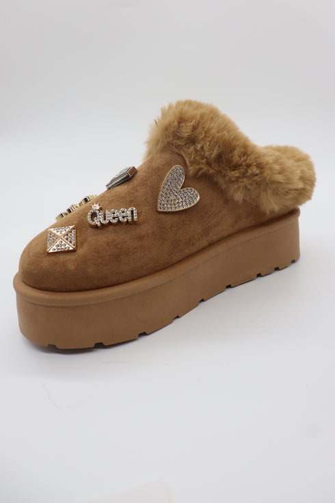 Women's Faux Fur Platform Clogs with Charm