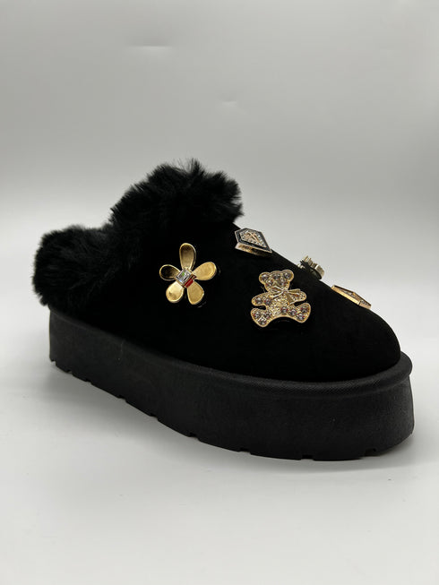 Women's Faux Fur Platform Clogs with Charm