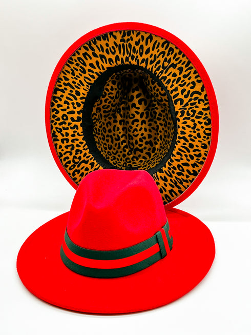 Red Fedora Hat w/ Removable Band & Leopard Print Bottom